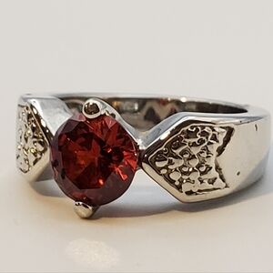 Women's Silver Plated Ring Red Ruby Style Stone Prong Setting Art Deco Design